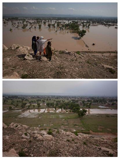 Una familia mira el campo inundado cerca de la localidad de Nowshera, el 31 de julio de 2010; un año después, en el mismo lugar, aún se puede ver algún resto de agua en el valle.