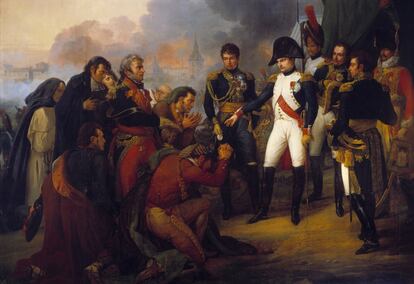 'O Imperador Napoleão I recebendo uma missão da cidade de Madrid em 3 de dezembro de 1808'. Pintura de Antoine Charles Horace Vernet (1758-1836), 1810. 3,61 x 5 m. Chateau de Versailles, França.