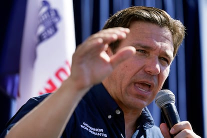 Republican presidential candidate Florida Gov. Ron DeSantis speaks during a Fair-Side Chat at the Iowa State Fair, Aug. 12, 2023, in Des Moines, Iowa.