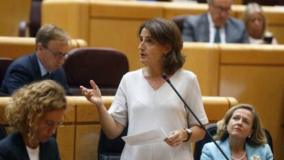 La ministra de Transición Ecológica, Teresa Ribera, durante su comparecencia en el Senado.