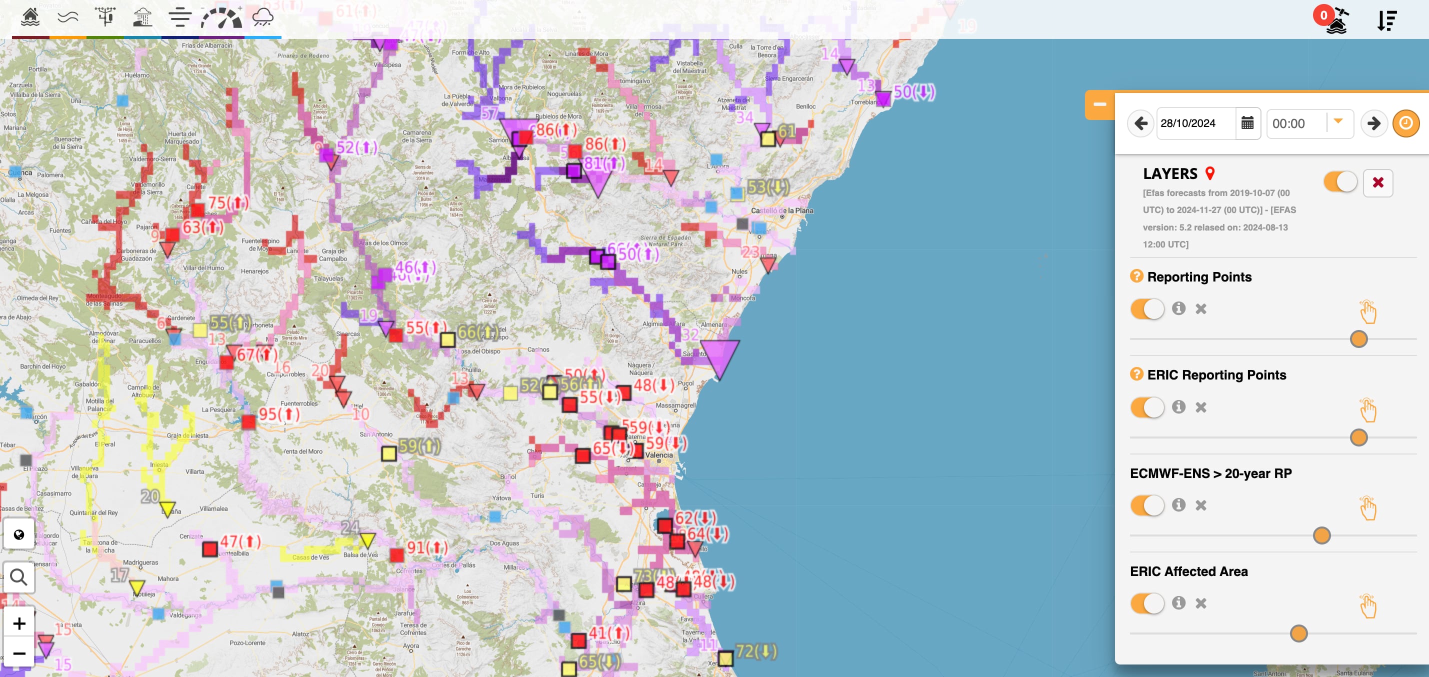 Captura del mapa de EFAS actualizado a medianoche del 28 de octubre. <b><a href=