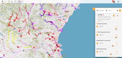 Captura del mapa de EFAS actualizado a medianoche del 28 de octubre. <b><a href="https://imagenes.elpais.com/resizer/9zN_IHTyaN0lhTOBySip7aaEGeQ=/arc-anglerfish-eu-central-1-prod-prisa/public/BS6MZNXEBZGTNO35TZUERBL5CM.png">Pinche aquí para ver a pantalla completa.</a></b>