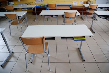 A classroom in Saint-Sebastien-sur-Loire, France, that has been prepared for social distancing of students.