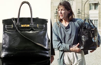 A la izda., el bolso subastado y, a la dcha., Jane Birkin con él a su llegada al Palacio del Elíseo, en 1990, donde iba a ser recibida por el presidente François Mitterrand.