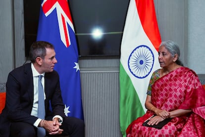 In this handout photo released by Indian Finance Ministry, Australia's Treasurer Jim Chalmers, left, meets with Indian Finance Minister Nirmala Sitharaman on the sidelines of G-20 financial conclave on the outskirts of Bengaluru, India, Saturday, Feb. 25, 2023.