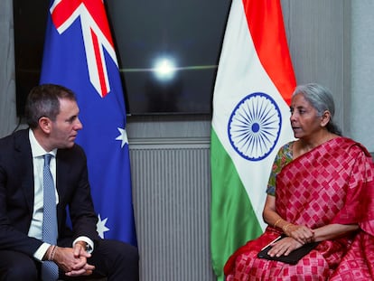 In this handout photo released by Indian Finance Ministry, Australia's Treasurer Jim Chalmers, left, meets with Indian Finance Minister Nirmala Sitharaman on the sidelines of G-20 financial conclave on the outskirts of Bengaluru, India, Saturday, Feb. 25, 2023.