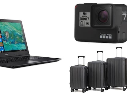 De izquierda a derecha: Portátil Acer i5, Cámara GoPro Hero 7 con Estabilizador UHD 4K60 y juego de tres maletas semirígidas con cuatro ruedas y candado numérico.