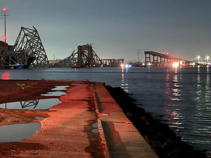 View of the Francis Scott Key Bridge after its collapse. The vessel responsible for the accident is the 'Dali,' a Singapore-flagged freighter with a length of 299.92 meters and width of 48.2 meters.