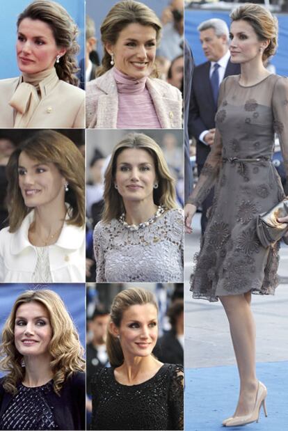 En las imágenes pequeñas, de izquierda a derecha y de arriba abajo, doña Letizia en los premios Príncipe de Asturias en 2004, 2006, 2007, 2008, 2009 y 2010. En la imagen vertical, la Princesa en la última edición de los galardones, celebrada en Oviedo el viernes 21 de octubre de 2011.