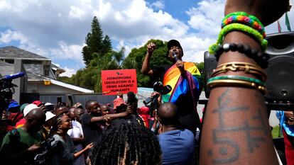 A demonstration against the new Ugandan anti-LGBTQ+ law, in South Africa in April.