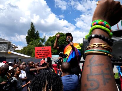 A demonstration against the new Ugandan anti-LGBTQ+ law, in South Africa in April.
