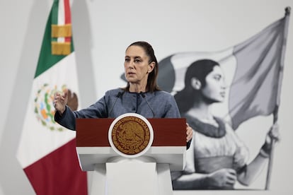 Claudia Sheinbaum durante la conferencia de prensa matutina, en Palacio Nacional.