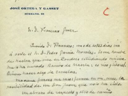 Carta de Ortega a Giner de los Ríos, en 1910, en la que se anuncia que se casa al día siguiente.