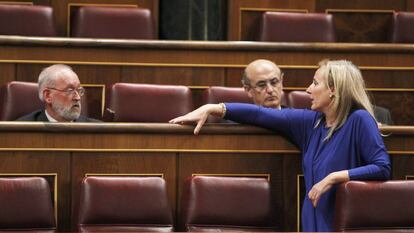 Eugenio Azpiroz y Lourdes M&eacute;ndez Monasterio charlan en presencia de Celso Delgado (d), en el Congreso de los Diputados. 