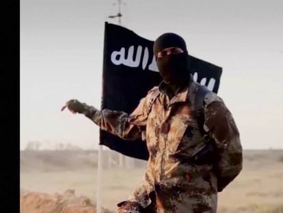 A masked man with an ISIS flag in the background.