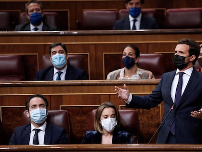El líder del PP, Pablo Casado, durante una sesión de control al Gobierno en el Congreso.