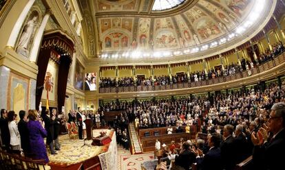 Solemne proclamación del rey Felipe VI ante las Cortes Generales en el hemiciclo del Congreso de los Diputados el 19 de junio de 2014.