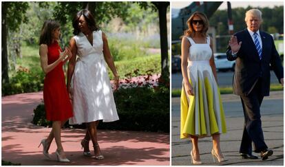 Doña Letizia y Michelle Obama, con un vestido de Delpozo, en su encuentro en Madrid en junio de 2016. A la derecha, Melania Trump, con un diseño de la firma española, junto a su marido a su llegada a Morristown el pasado agosto.