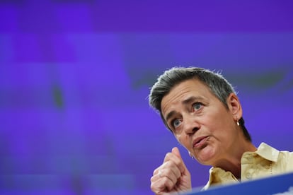 La vicepresidenta de la Comsiión Margrethe Vestager, durante una rueda de prensa este miércoles en Bruselas.