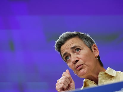 La vicepresidenta de la Comsiión Margrethe Vestager, durante una rueda de prensa este miércoles en Bruselas.