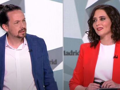 Los candidatos Pablo Iglesias e Isabel Díaz Ayuso durante el debate electoral en Telemadrid el pasado miércoles.