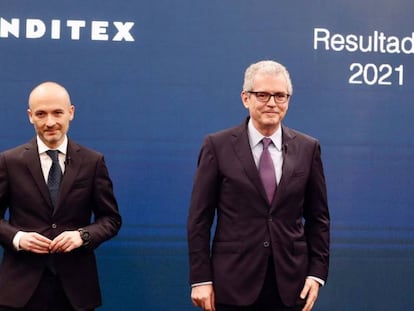 Óscar García Maceiras, consejero delegado, y Pablo Isla, presidente de Inditex, este miércoles en la presentación de resultados anuales de Inditex.