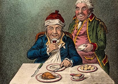 Señor con gazuza de croquetas. Grabado de 1804