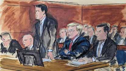 A sketch of Trump's appearance in court in Miami.