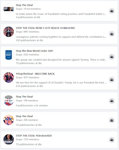 Muestra de grupos disponibles en Facebook sobre el falso robo electoral en EEUU.