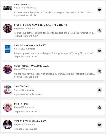Amostra de grupos disponíveis no Facebook sobre a falsa fraude eleitoral nos EUA.
