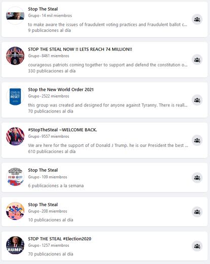 Amostra de grupos disponíveis no Facebook sobre a falsa fraude eleitoral nos EUA.
