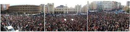 Tres instantáneas de la manifestación de estudiantes en Valencia.