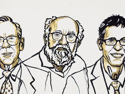 James Peebles, Michel Mayor e Didier Queloz, prêmios Nobel de Física, em um desenho distribuído pela Fundação Nobel.