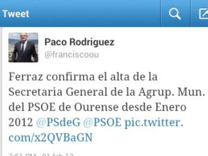 Captura del tweet enviado por el exalcalde de Ourense en el que se revelan datos confidenciales de militantes socialistas.