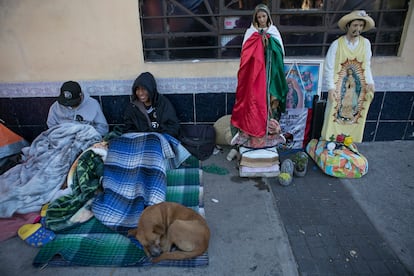 Dos peregrinos descansan cerca de la Basílica con su perro, el 11 de diciembre.