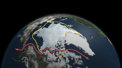 Imagen tomada por satélite en la que se aprecia que la mínima extensión helada en el Ártico este año,  registrada el 9 de septiembre, es inferior a la media de las últimas tres décadas (línea amarilla) y que se ha abierto el paso de navegación del Noroeste (línea roja).