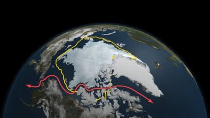 Imagen tomada por satlite en la que se aprecia que la mnima extensin helada en el ?rtico este a?o,  registrada el 9 de septiembre, es inferior a la media de las ltimas tres dcadas (lnea amarilla) y que se ha abierto el paso de navegacin del Noroeste (lnea roja).