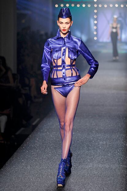 A model presents a creation by French designer Jean Paul Gaultier as part of his Spring/Summer 2013 women's ready-to-wear fashion show during Paris fashion week