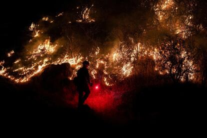 Un bombero encendía un fuego controlado el viernes en un intento de cortar el avance de las llamas del incendio llamado Oak Fire, cerca de Midpines, en el condado de Mariposa, en California. 