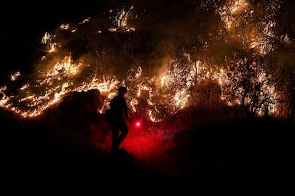 Un bombero encendía un fuego controlado el viernes en un intento de cortar el avance de las llamas del incendio llamado Oak Fire, cerca de Midpines, en el condado de Mariposa, en California.