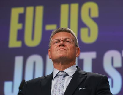 El comisario europeo de Comercio, Maros Sefcovic, durante la rueda de prensa de este jueves. 
