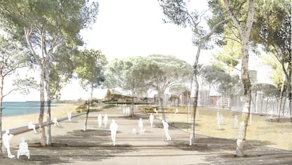 Canchas de vóley-playa en el futuro parque y paseo en el litoral de Barcelona, entre la Mar Bella y el Fòrum, en una imagen virtual.