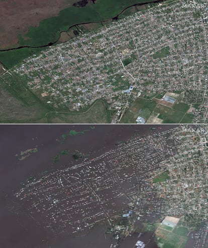 En la foto de arriba, la localidad ucrania de Oleshki, el 15 de mayo. Abajo, la misma zona inundada este miércoles.