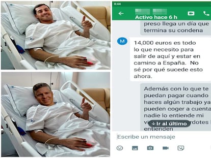 A la izquierda, un montaje fotográfico enviado por un estafador que fingió ser un ingeniero que necesitaba dinero para una operación. Arriba, la foto real de Iker Casillas. A la derecha, una capturas de un caso real de estafas del amor.