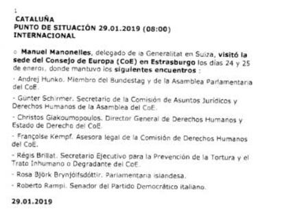 Fragmento que habla de varias reuniones del delegado de la Generalitat en Suiza.