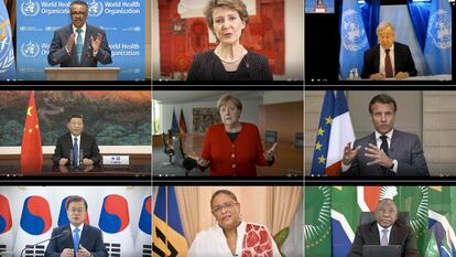 Líderes mundiales durante una teleconferencia sobre la covid-19 organizada por la OMS. en mayo de 2020.