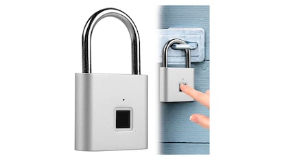 Candado con huella táctil sobre fondo blanco.