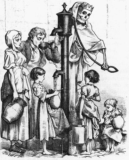 "El dispensario de la muerte". Alegoría del pozo contaminado de cólera de Broad Street.