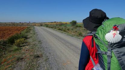 Estampa habitual de un peregrino portando la concha de vieira, el famoso icono del Camino de Santiago.