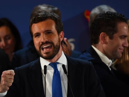 El líder del PP, Pablo Casado, tras los resultados, en la sede del PP en Madrid.